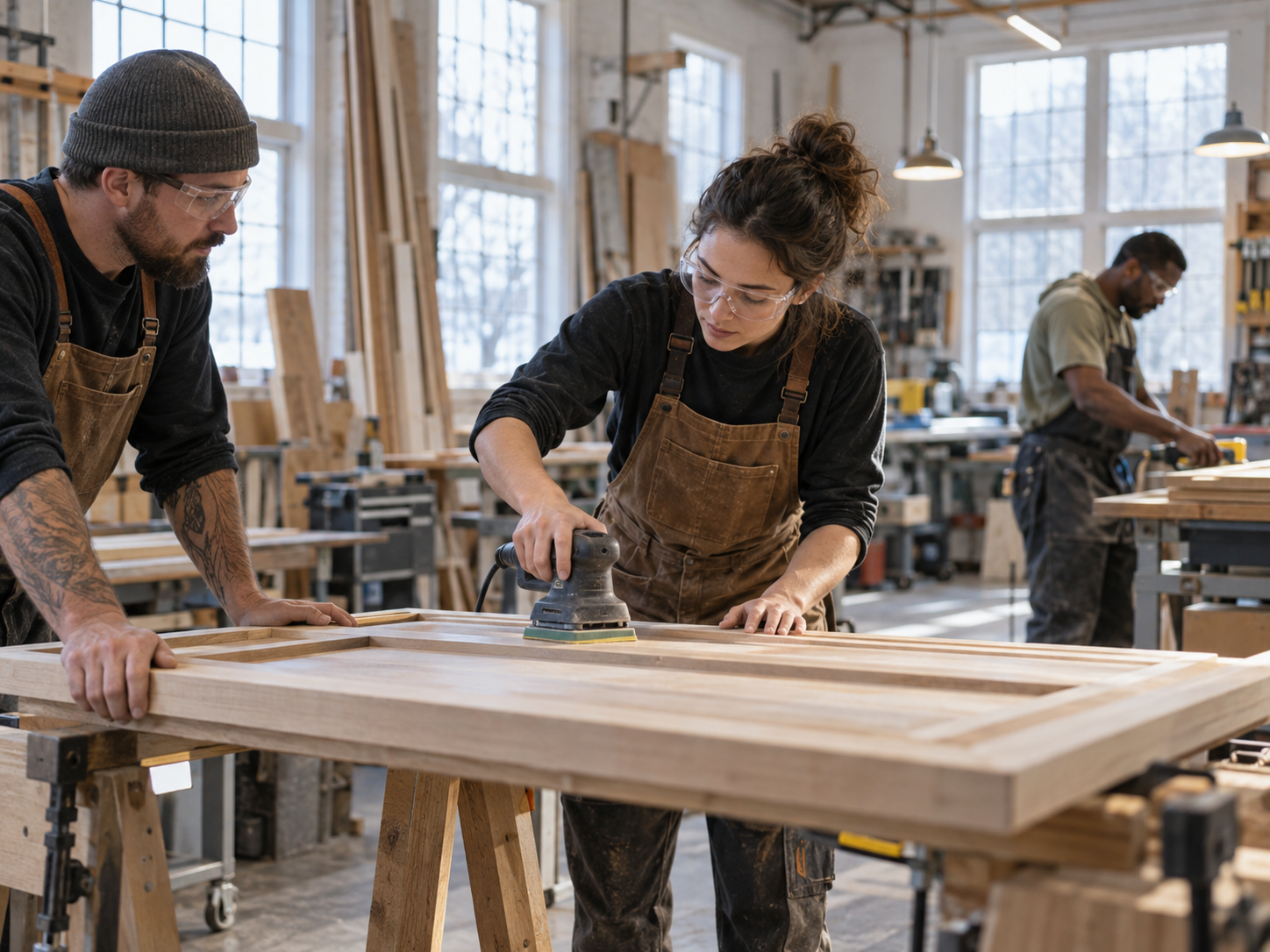 Craft team working together in a bright workshop