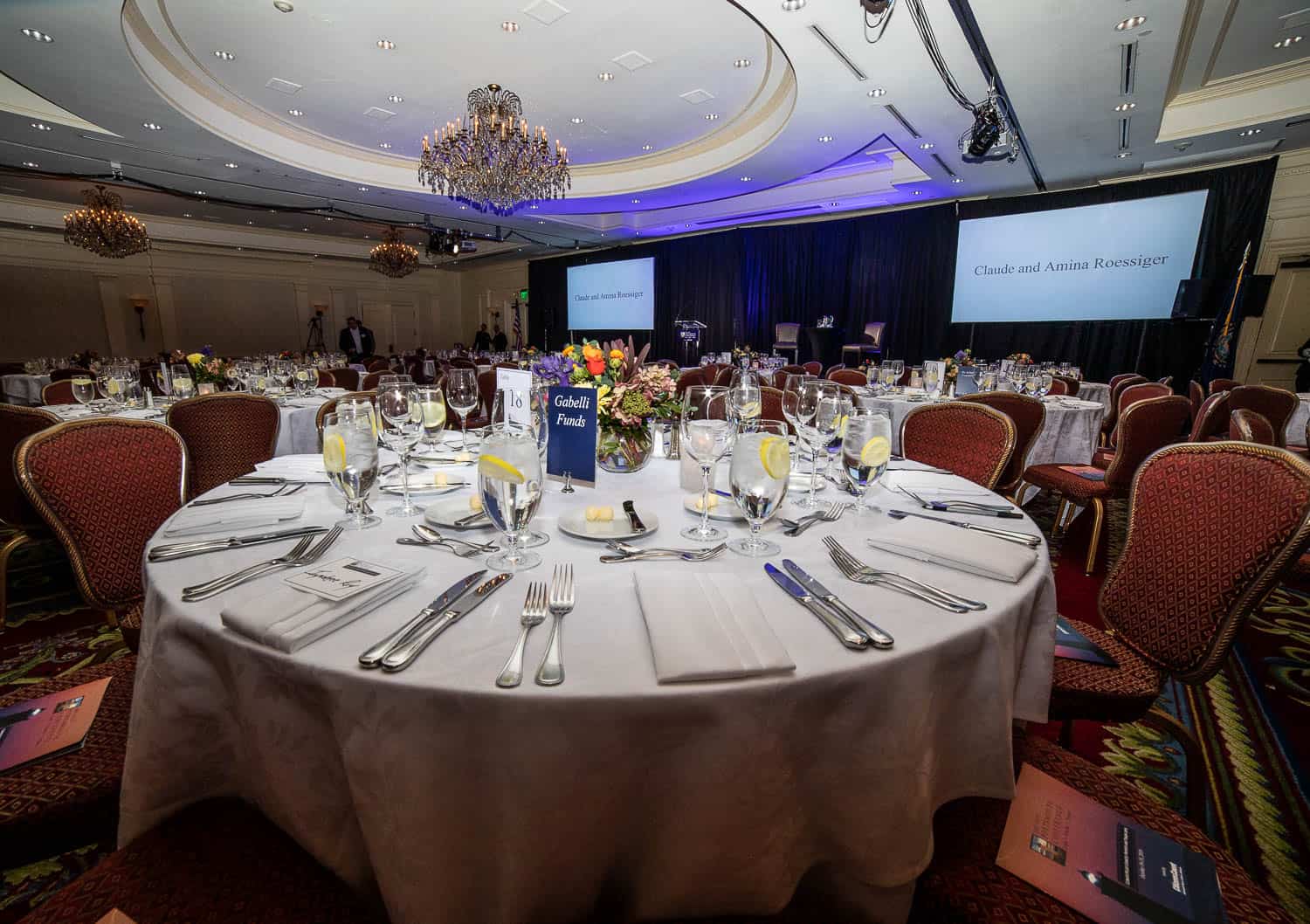 A finished banquet room prepared for guests